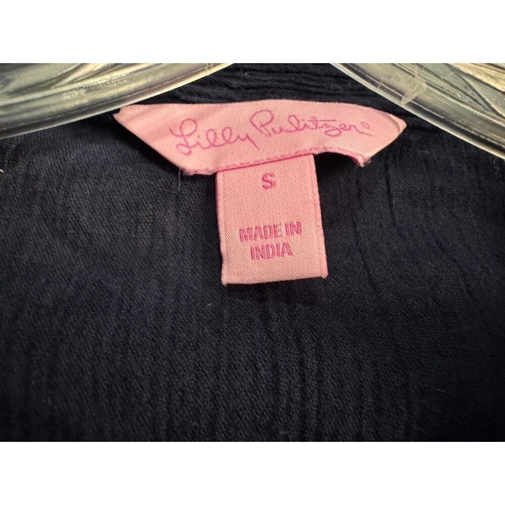 Lilly Pulitzer Freya Crochet Tunic Top Navy Blue Gauze V-Neck Floral Women's S - Picture 5 of 7